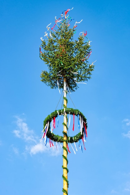 Low angle view of decoration hanging on tree against blue sky