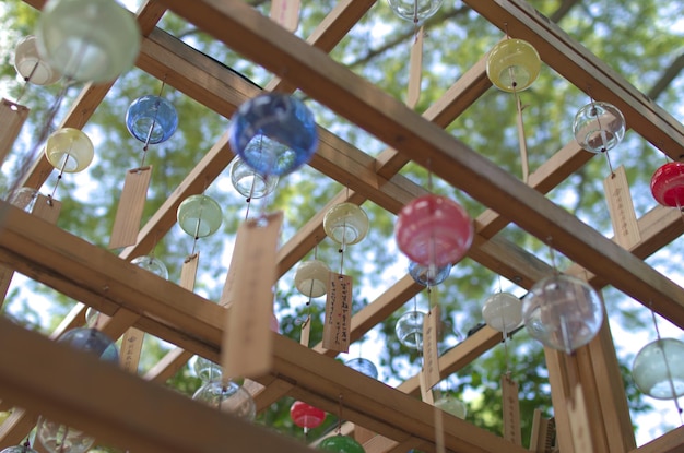 low angle view of decorations hanging on ceiling in building