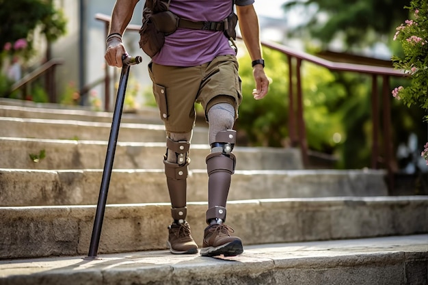 Foto inquadratura dal basso al giovane disabile con gamba protesica che cammina lungo la strada