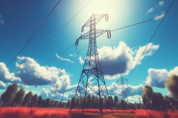 Low angle view of electricity pylon on field against sky