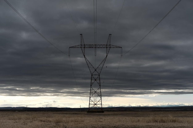 空に向かってフィールドの電力ピロンの低角度のビュー