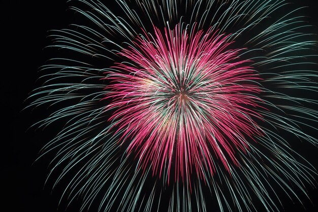 Foto vista a basso angolo di spettacolo di fuochi d'artificio di notte