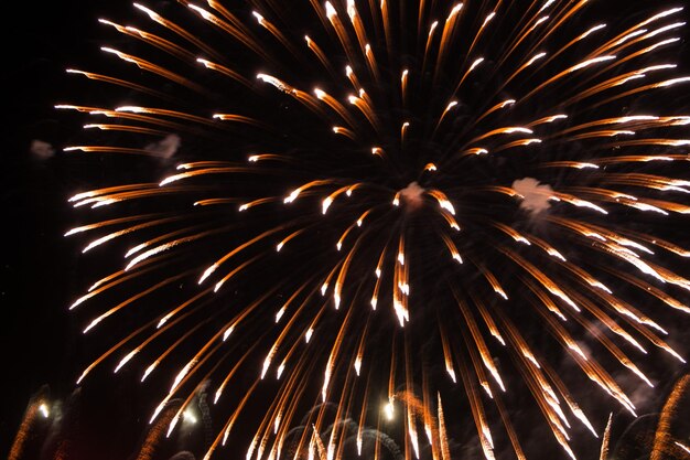 Foto vista a basso angolo di spettacolo di fuochi d'artificio di notte