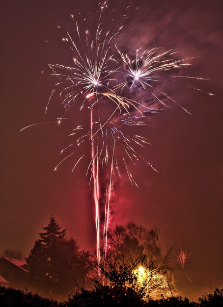 Low angle view of firework display at night