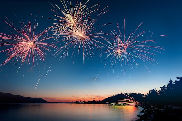 low angle view of firework display over river during sunset