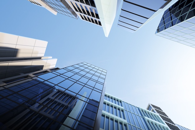 Low angle view of futuristic architecture, Skyscraper of corporate office building, 3D rendering.