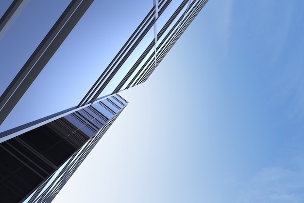 Low angle view of futuristic architecture, Skyscraper of corporate office building, 3D rendering.