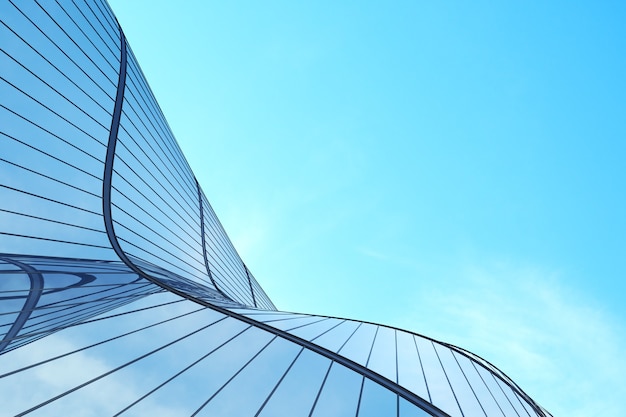 Photo low angle view of futuristic architecture, skyscraper of office building with curve glass window, 3d rendering.