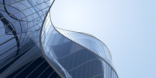 Low angle view of futuristic architecture, Skyscraper of office building with curve glass window, 3D rendering.