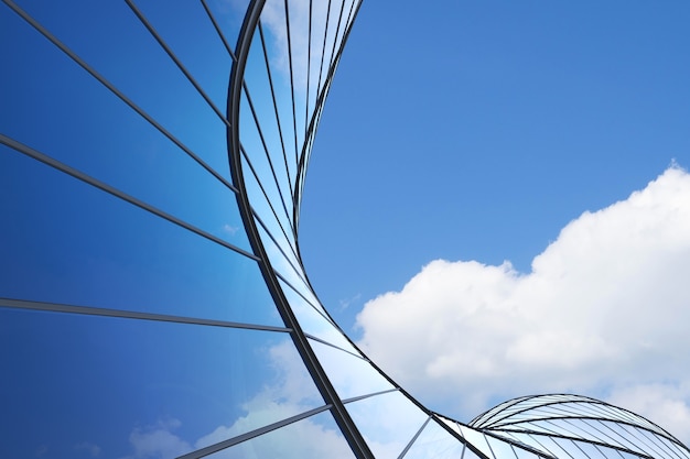 Low angle view of futuristic architecture, Skyscraper of office building with curve glass window, 3D rendering.