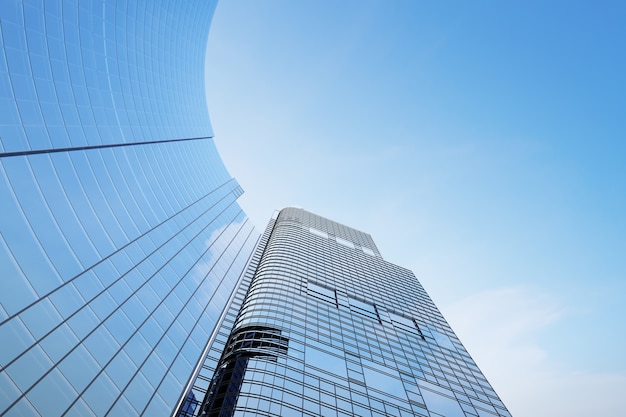 Low angle view of futuristic modern architecture, Skyscraper of corporate office building, 3D rendering.