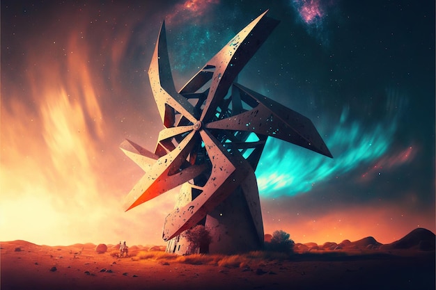 Low angle view of futuristic windmill with nebula in background created with generative ai