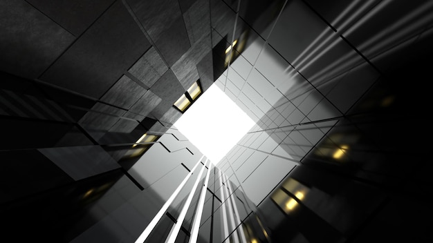 Low angle view of generic modern business skyscrapers high rise buildings with abstract geometry glass and cement facades Concepts of finances and economics background 3d rendering