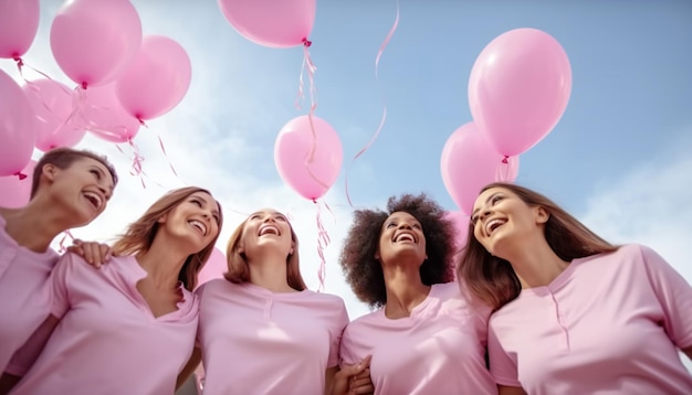 Low angle view of happy multiethnic women with ribbons