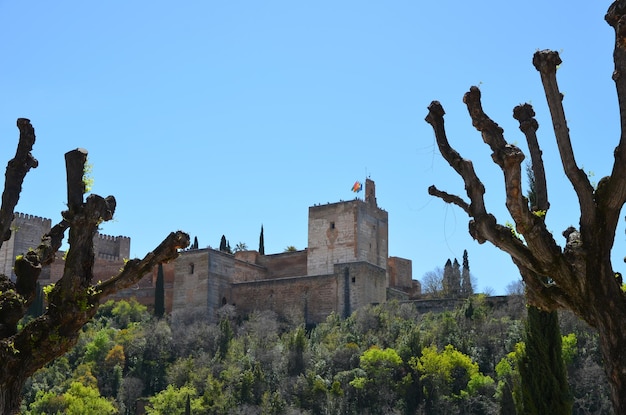 Low angle view of historical building against clear blue sky