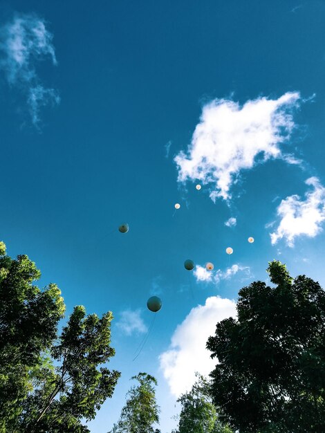 Low angle view of hot air balloon against blue sky