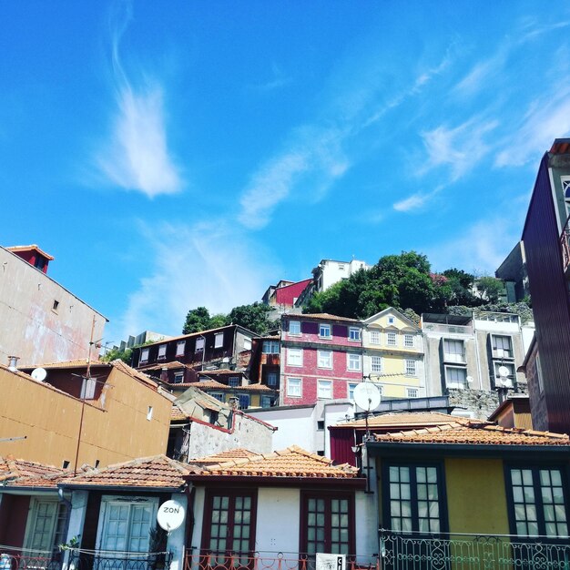 Low angle view of houses against blue sky