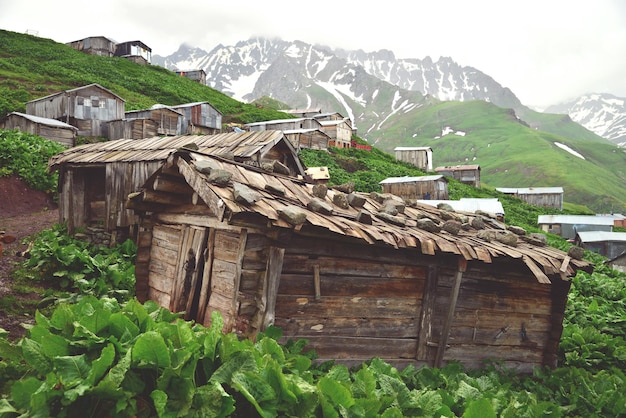山の上にある家屋の低角度の景色