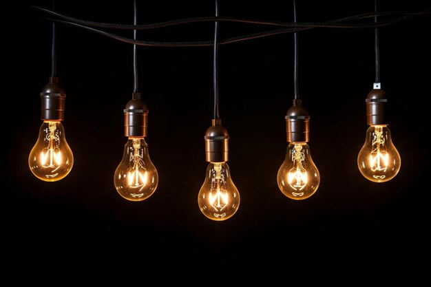 Low angle view of illuminated lighting bulbs against black background