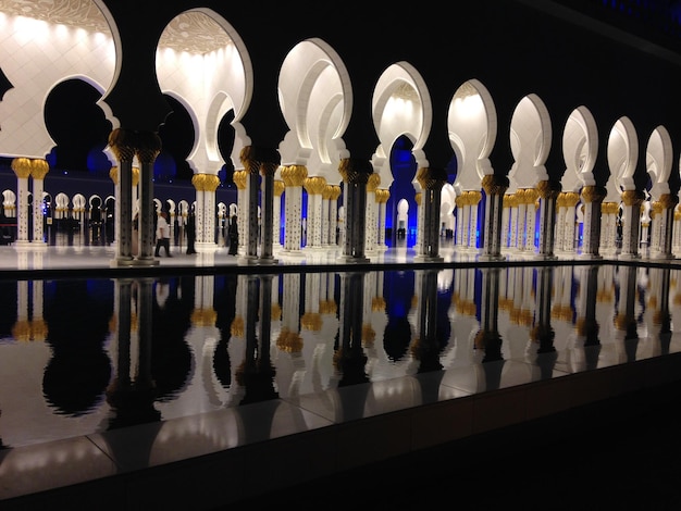 low angle view of illuminated sheikh zayed mosque at night