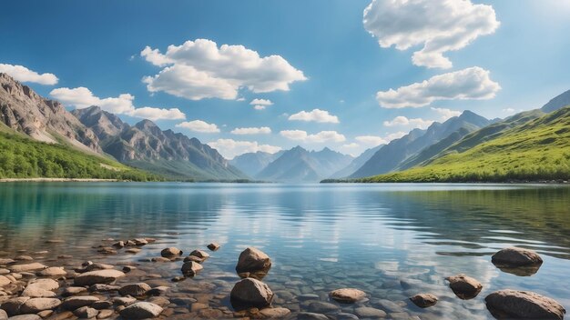 湖と山の低角度の景色