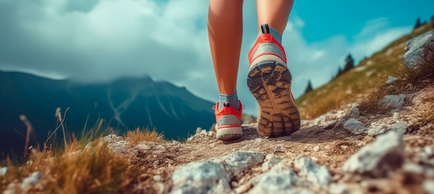夏の日に山で走っているスポーツシューズを履いた足の低角度の景色