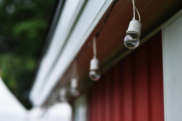 Photo low angle view of light bulbs hanging from roof