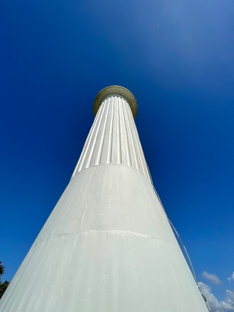 Low angle view of lighthouse against clear blue sky