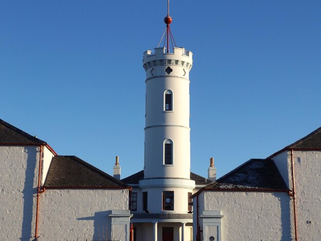 Low angle view of lighthouse by building against clear blue sky