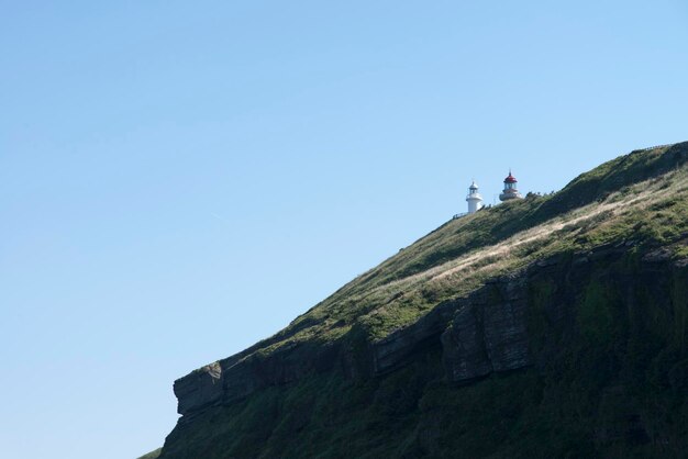 Low angle view of lighthouses on cliff against clear blue sky