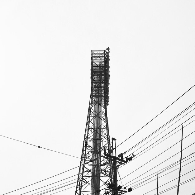 Foto vista a basso angolo della torre di avvistamento e dei pilastri elettrici contro un cielo limpido