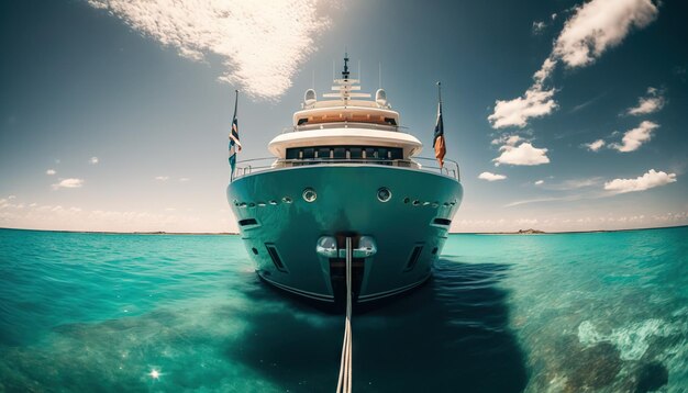 Low angle view on luxury yacht from the paradise turquoise ocean water surface sunny day in tropic s