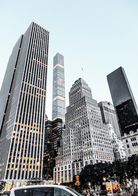 Low angle view of modern buildings against sky in city