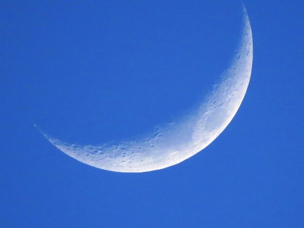 Low angle view of moon against clear blue sky