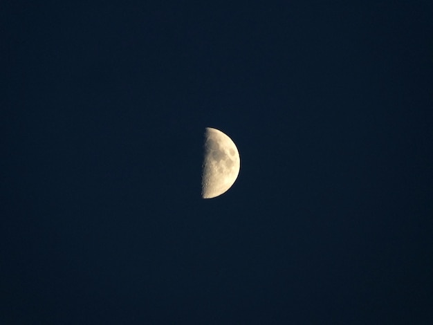 晴れた夜の空に照らされた月を低角度で眺める