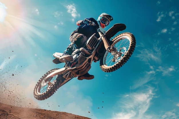 low angle view of motocross rider soaring through the air on a sunny day