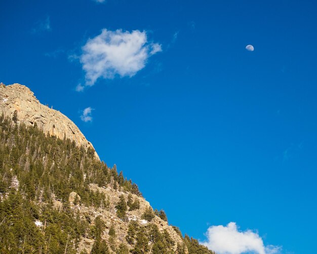 Low angle view of mountain against blue sky