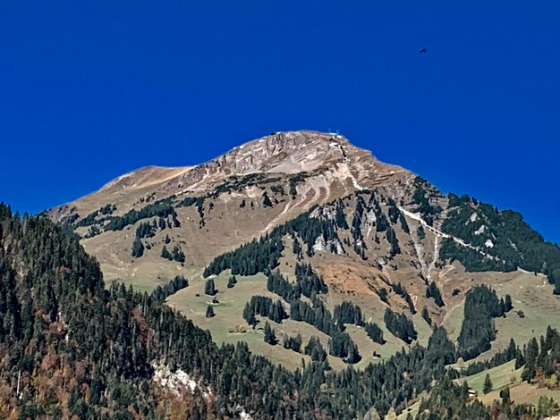 Low angle view of mountain against blue sky