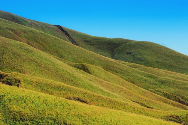 Low angle view of mountain against clear blue sky