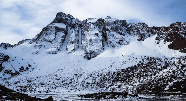 Low angle view of mountain against cloudy sky