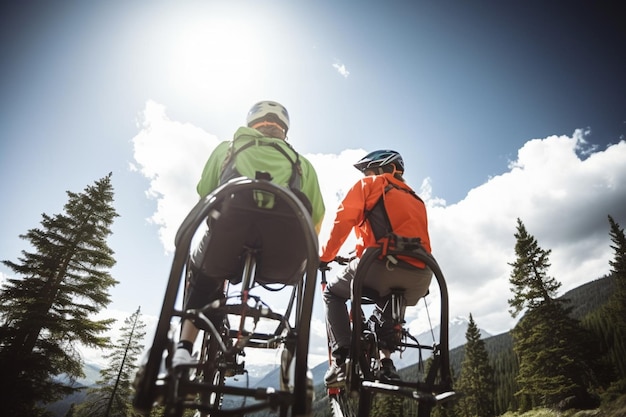 Low angle view of mountain bikers sitting on chair lift