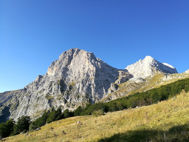 Low angle view of mountains against clear blue sky