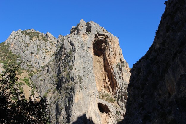 Low angle view of mountains against clear blue sky