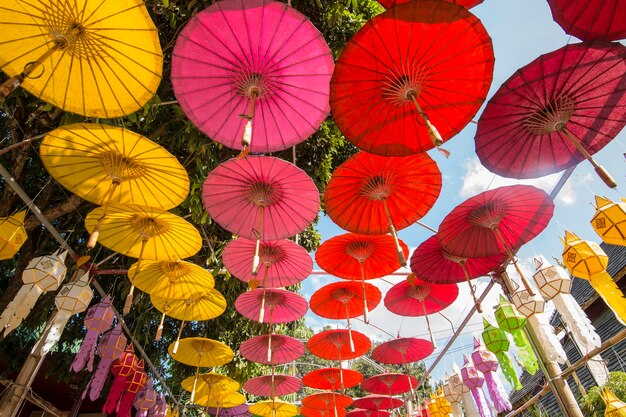 Low angle view of multi colored lanterns hanging