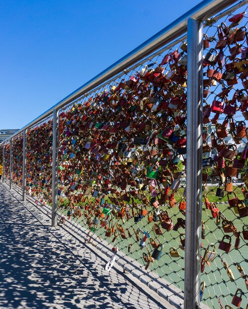 Low angle view of multi colored railing on footbridge