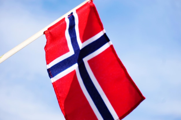 空に照らされたノルウェー国旗の低角度の写真