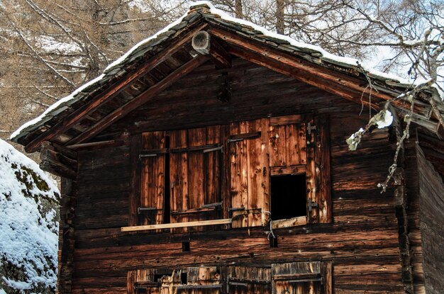 写真 冬の間,廃墟の木屋の低角度の眺め