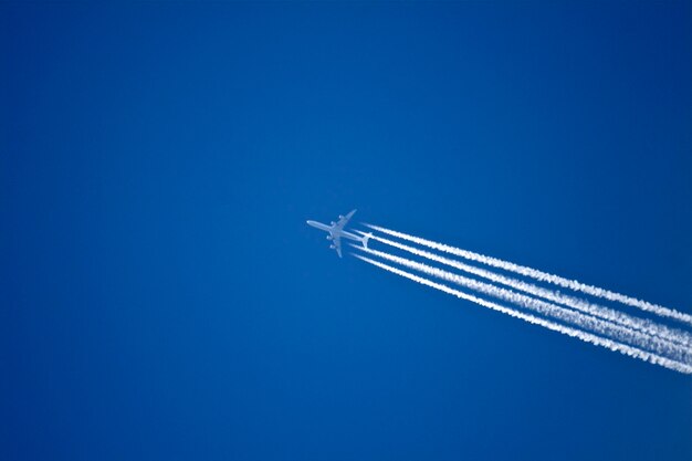 写真 晴れた青い空を背景に飛行する飛行機の低角度の視点