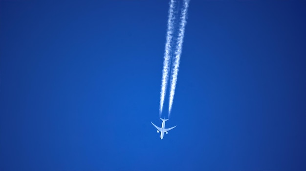 写真 晴れた青い空を背景に飛行する飛行機の低角度の景色