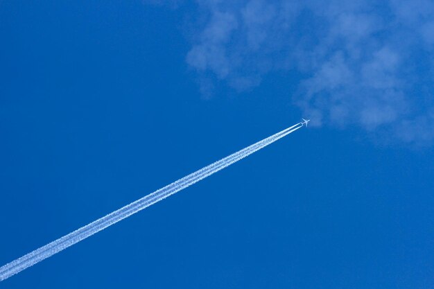 사진 은 파란 하늘 을 배경 으로 날아다니는 비행기 의 낮은 각도 시각